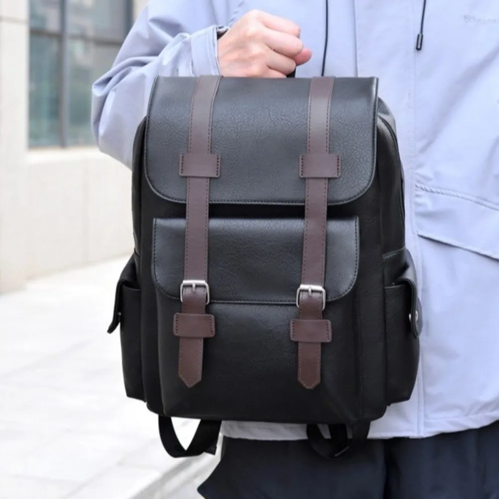 

Multi Pocket Belt Buckle Backpack Waterproof Large Capacity Travel Bag Solid Color Soft PU Leather Backpack Casual Outing