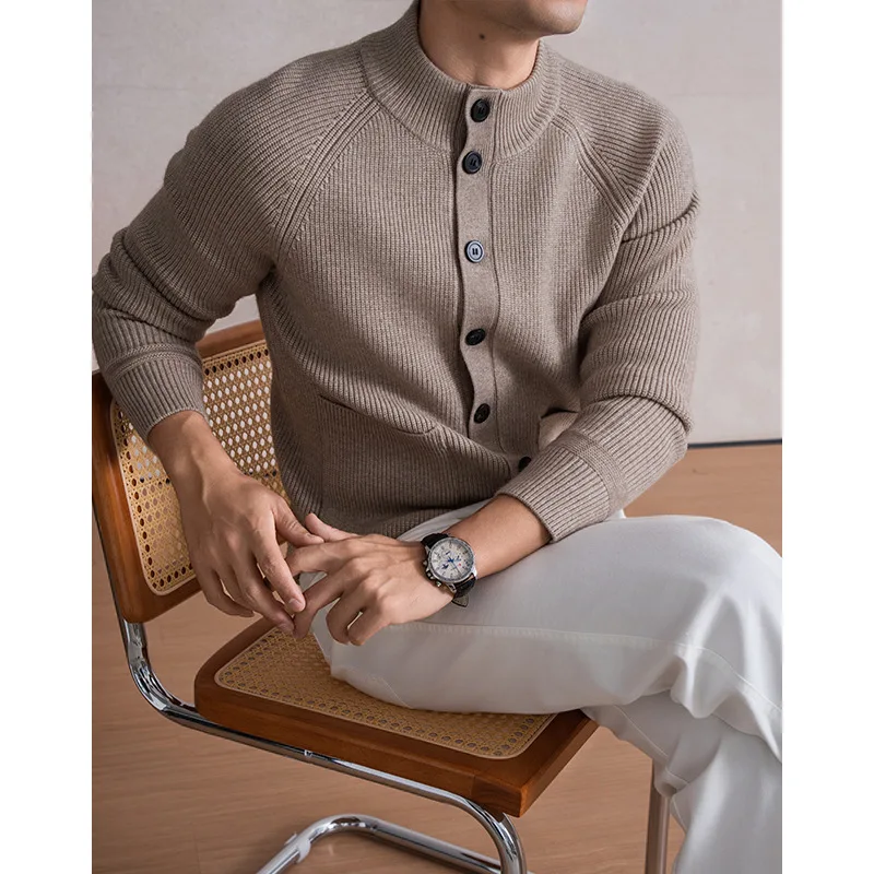 2026 신상 가을 겨울 남성용 포켓 스탠드 칼라 가디건 스웨터 재킷