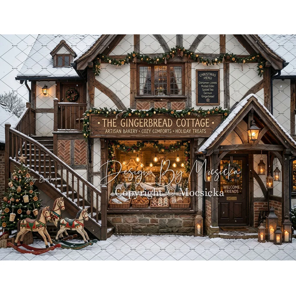 Mocsicka Christmas Gifts Shop Backdrop Photography Gingerbread Candy Cane Bakehouse Store Front Background Winter Family Photo view 3