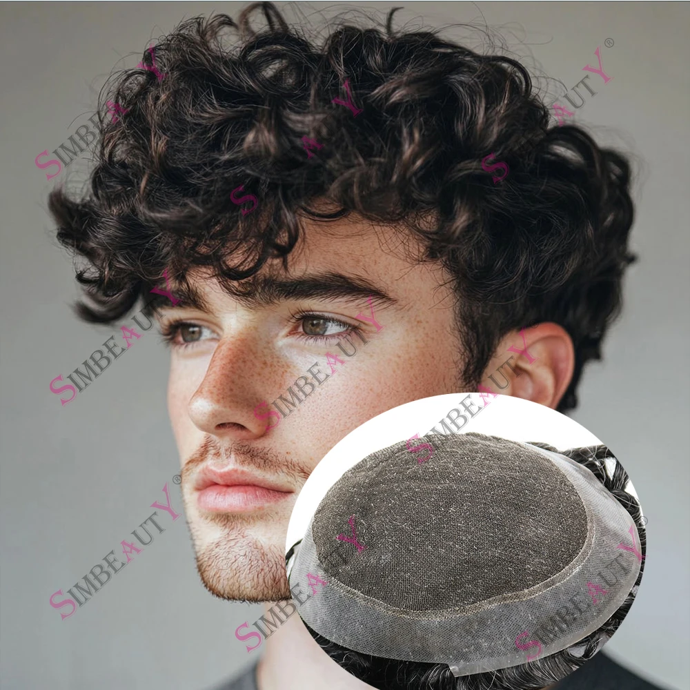 

Дышащий 24-миллиметровый вьющийся австралийский парик, швейцарский кружевной и парик из искусственной кожи для мужчин, невидимая система замены седых волос, 100% человеческие волосы