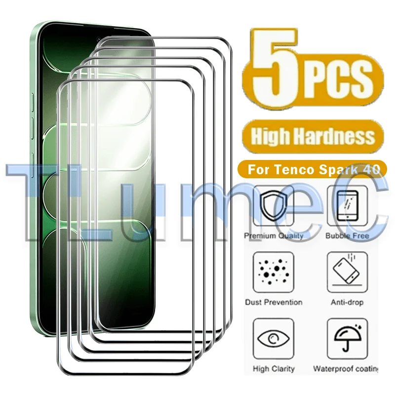 

5 Pieces HD Tempered Glass for Tecno Spark 40/40 Pro/40C/30/30 Pro/30C/20/20 Pro/20C, Full Coverage, Durable Wear Resistant