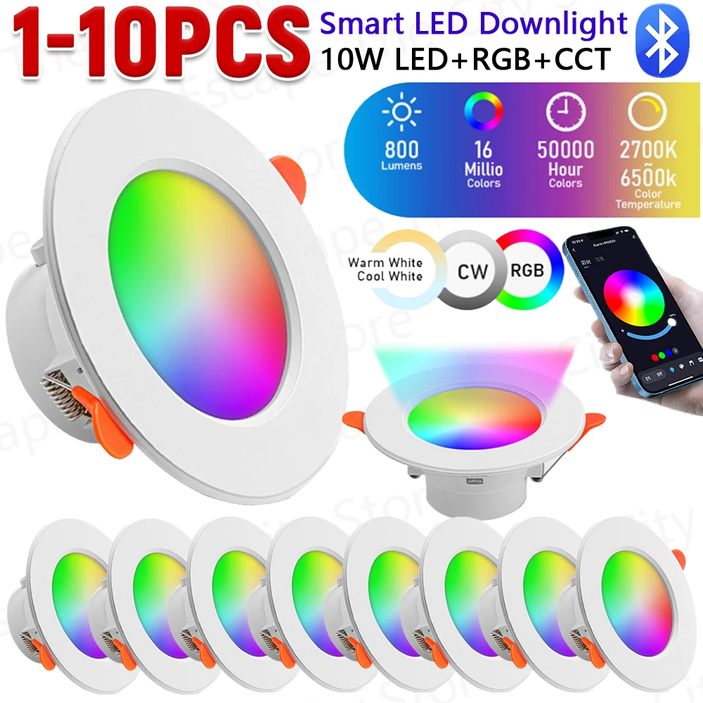 

1-10pcs Smart LED Downlight Bluetooth-Compatible RGB 10W Spotlight Round Panel Light Change light Work with Alexa Google Home