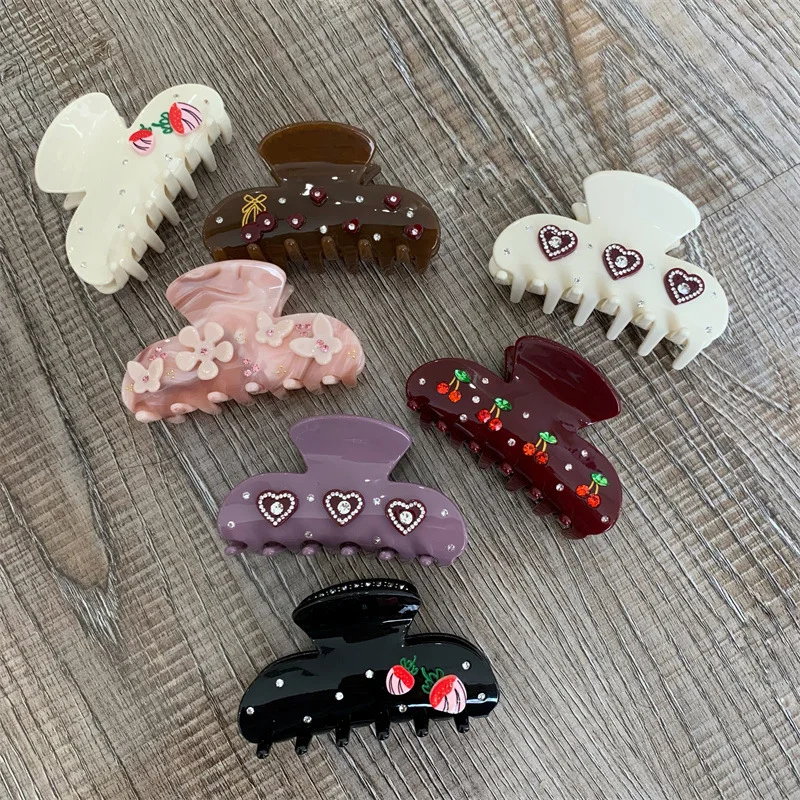 

Fruit Cherry Crystal Hair Claw Women's Korean Version Elegant Acetate Resin Hair Clip Popular Hair Accessory