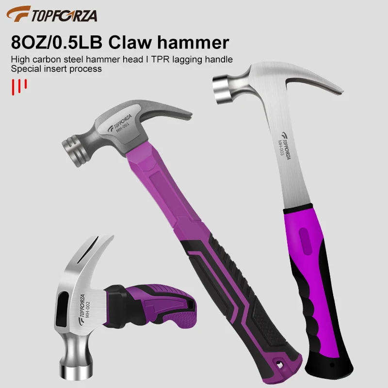 TOPFORZA 8OZ/0.5LB Claw Hammer High Carbon Steel TPR Non-Slip Handle Nail Puller Woodworking Home Repair Tool