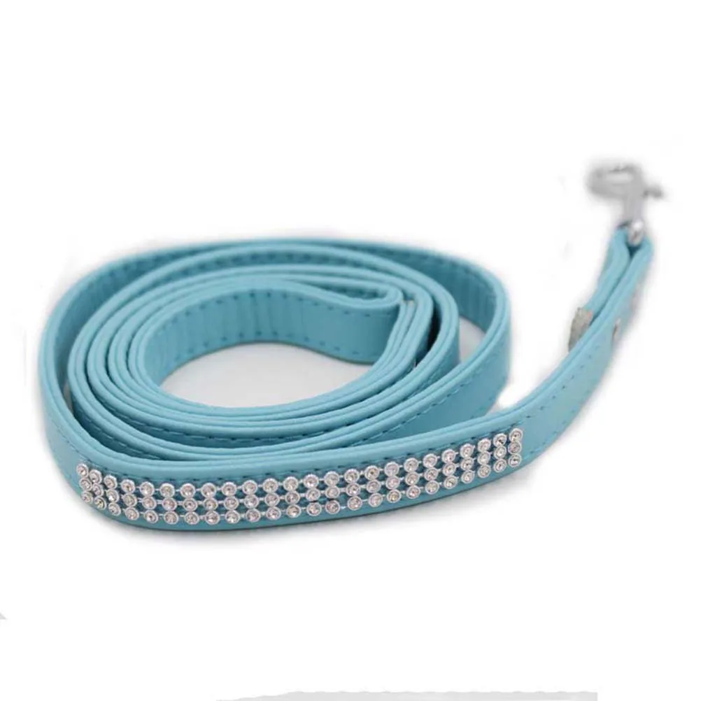 

PU Dog Leash Rhinestone Studded Hot-Fixed Craft Flexible Diamond Small Dog Walking Training Leads Blue for Jogging