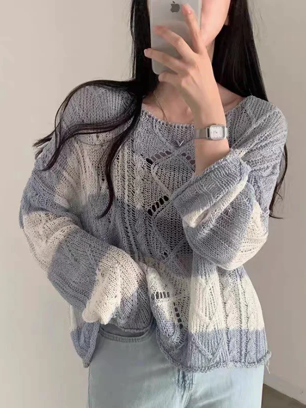 Chic Summer Vintage Color Blo Wide Stripes Twist Long Sve Thin Sun Protection ort Knitted Sweater Overhead Coat for Women