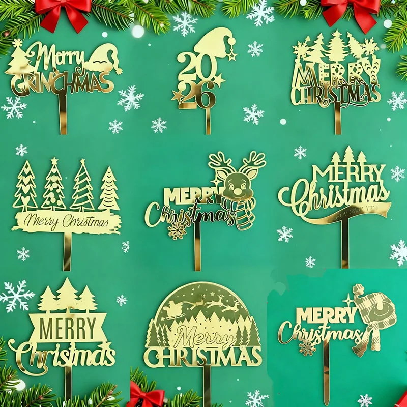 1pc Merry Christmas Cake Topper Golden Acrylic Happy New Year Cake Topper for New Year Christmas Day Party Cake Decorations