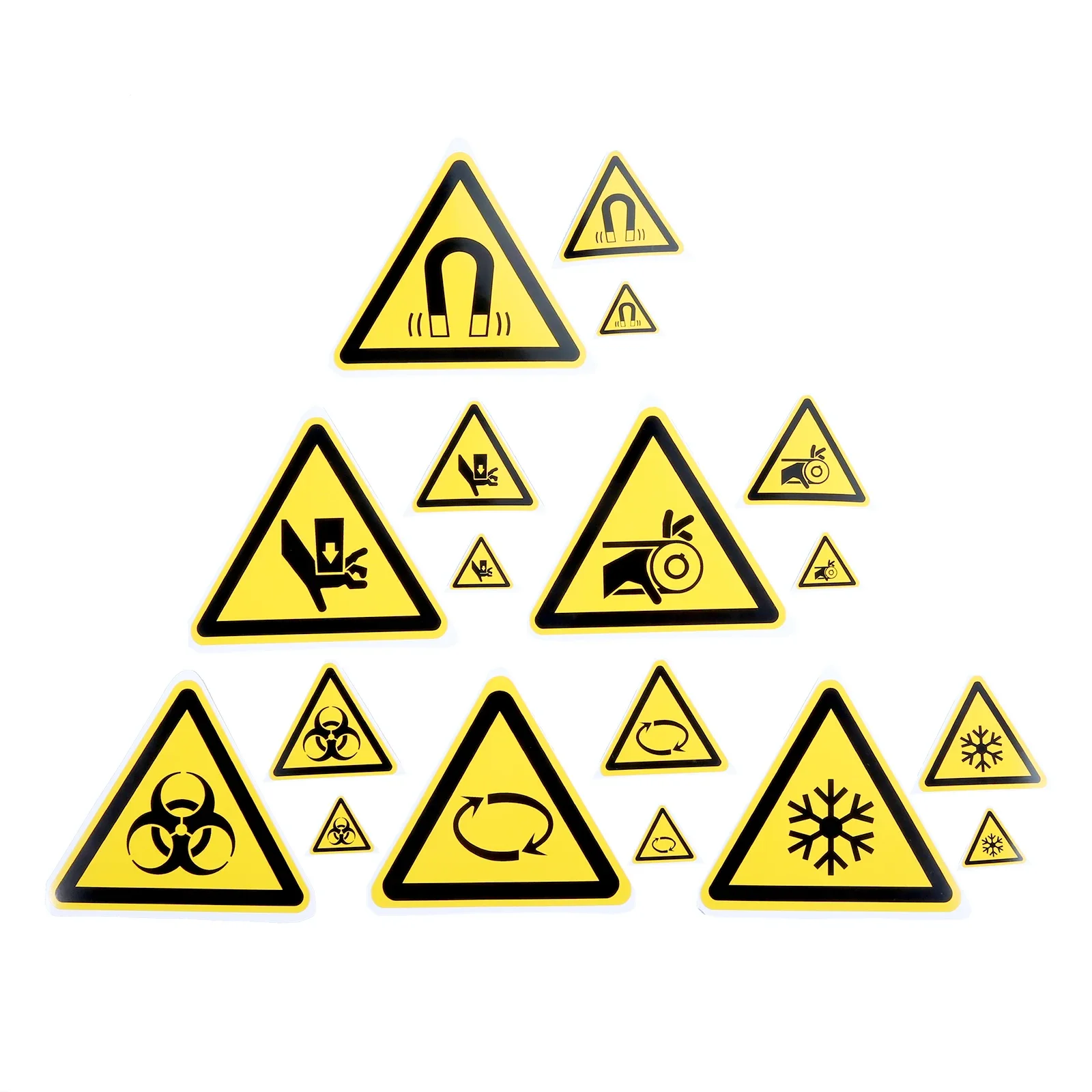 5pcs Triangle Warning Sign Sticker Getting Involved Biohazard Low Temperatures Stamping Magnetic Fields Spinning Alarming Tags