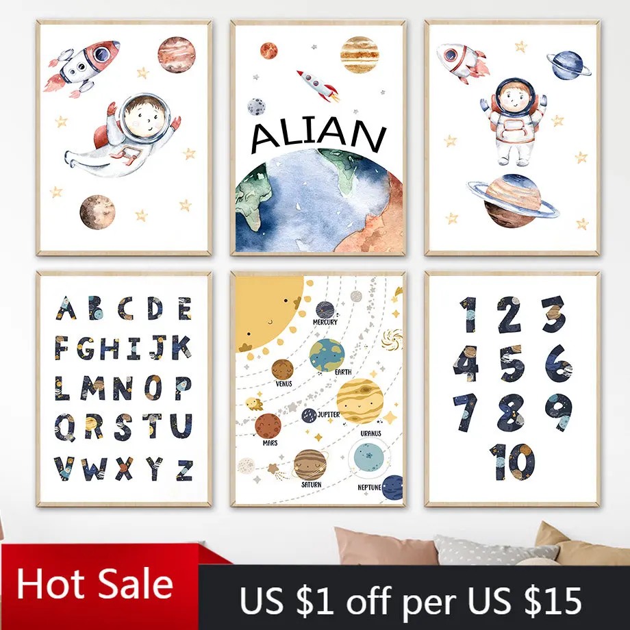 Space Custom Name Rocket Astronaut Number Alphabet Wall Art Canvas Painting Posters And Prints Wall Pictures Kids Boy Room Decor