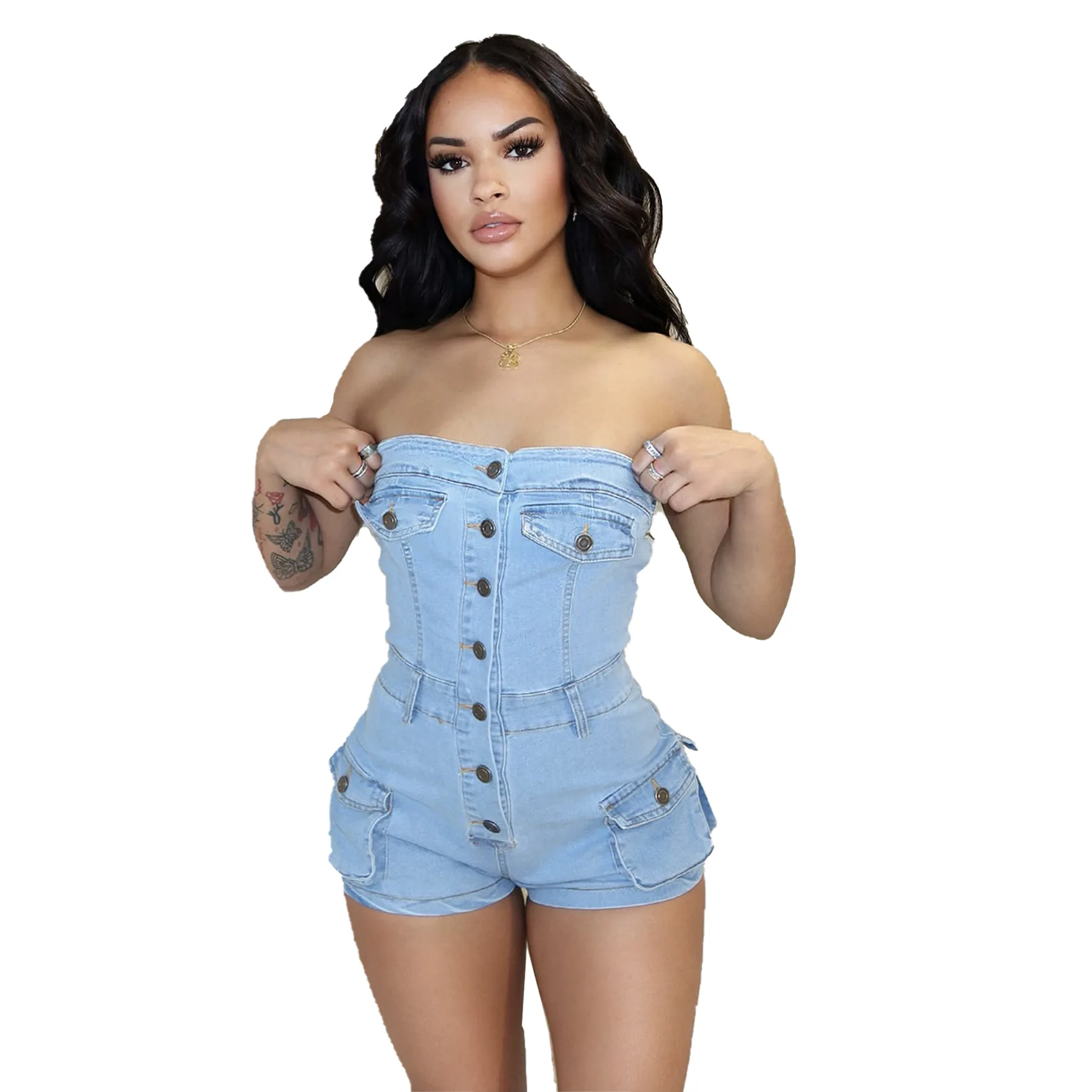 Summer Sexy Sleeveless Rompers Short Jumpsuit Women One Piece Romper Button Strapless Pocket Side Cargo Denim Stretch Playsuits