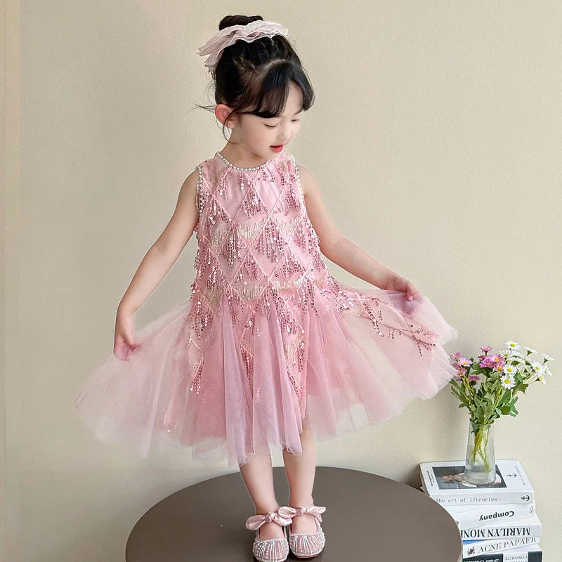 

Pink Princess Dress Sequin Mesh Kids Clothes Summer Dress Fishtail Vest Skirt Girls Dress For Weddings Birthday Party Prom