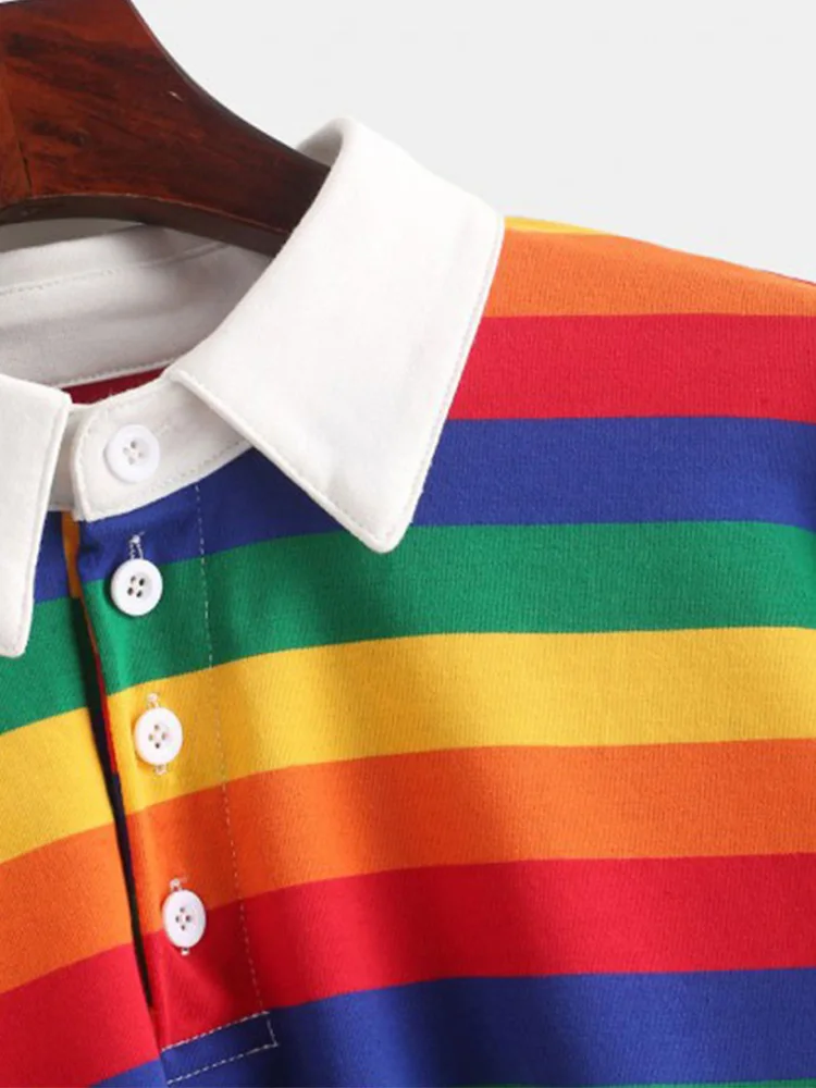 Polo Shirt Women Sweatshirt Long Sleeve Rainbow Color Ladies Hoodies With Button Striped Korean Style Sweatshirt Women