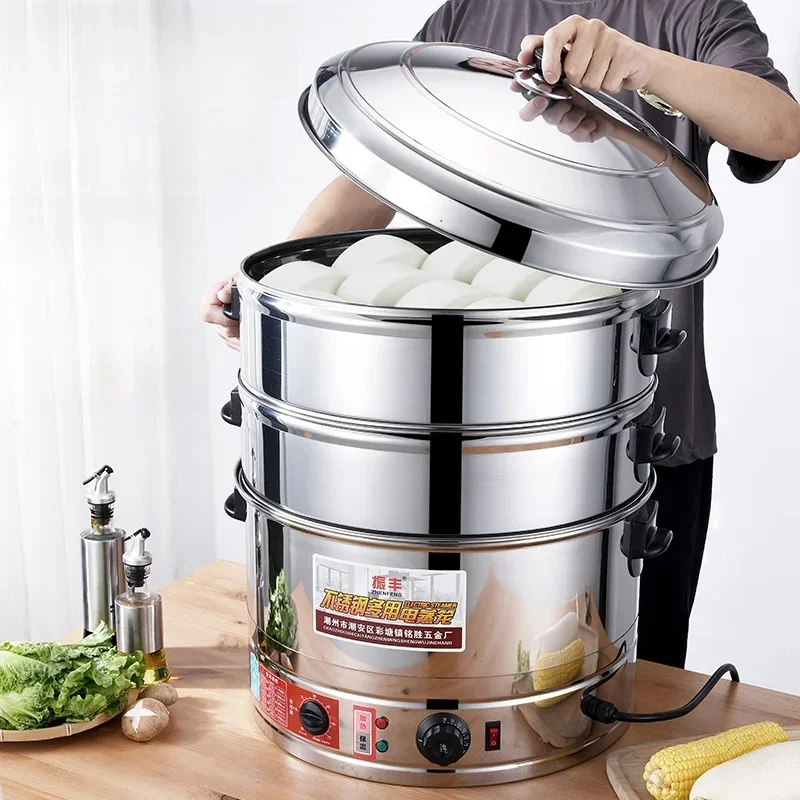 220V Electric Steamer Stainless Steel 35/40/47/52cm Big Capacity Commercial Steamer Pot 3/4 Layers Electric Food Steamer Timing