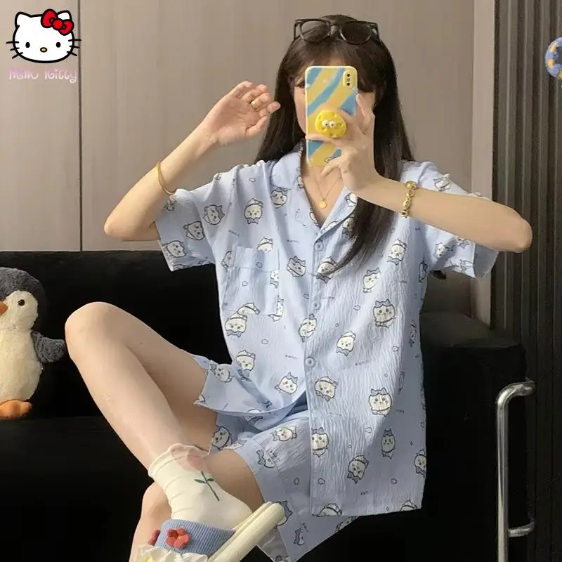 

Новинка 2025 года, милые хлопковые пижамы с героями мультфильмов, женские летние тонкие шорты с короткими рукавами, комплект милой домашней одежды, чистый синий стиль Kawaii Ins