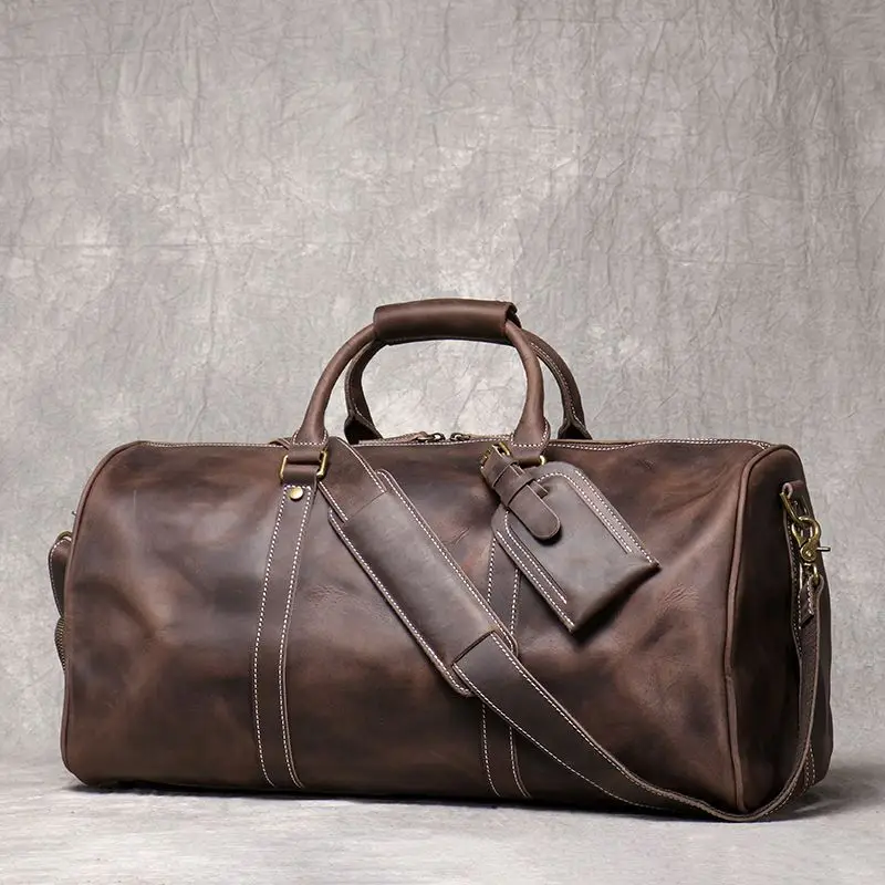 Men\'s Leather Travel Bag Vintage Brown Cowhide Luggage Bag Man Carry On Handbag Weekender Bag Duffle Bag with Shoe Compartment