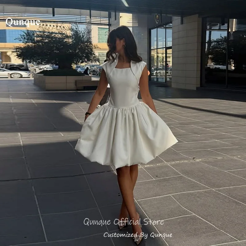 

Qunque Modern A Line Drom Dresses Handmade Short High Quality Homecoming Dresses Pleated Puffy Cap Sleeves Party Gown Customized
