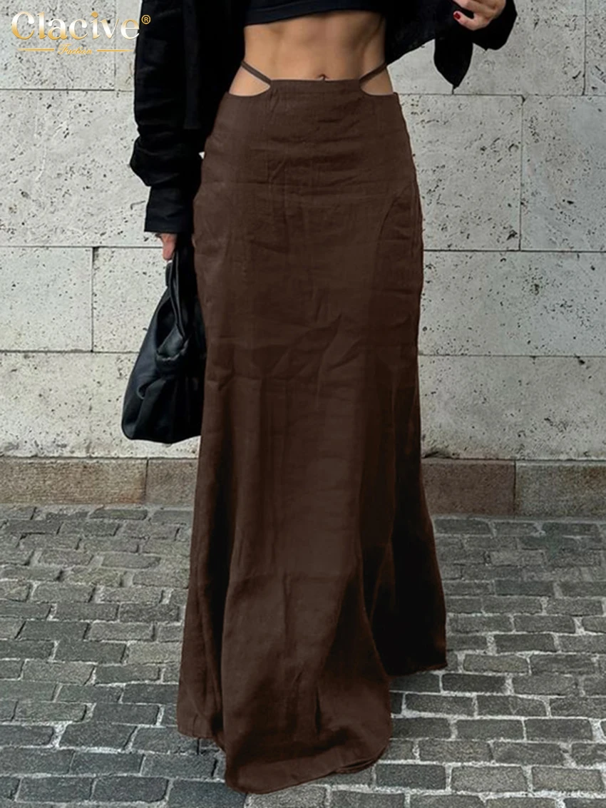 

Clacive Fashion Loose Brown Cotton Women Skirt 2025 Sexy High Waist Maxi Skirts Elegant Classic Hollow Out Skirt Female Clothing