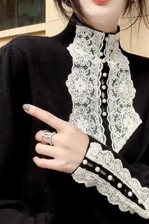 

2025 Elegant Lace Hollow Out Long Sleeve Solid Color Sweater for Women Autumn Winter Knitted Base Layer Top Chic Pullover Shirt