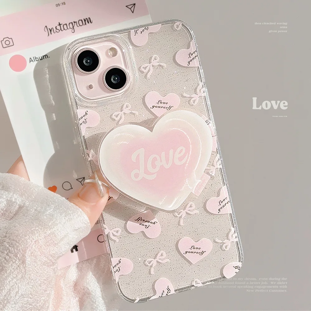 

Glitter Pink Love Stand Mobile Phone Case With Stand For iphone16 Soft Transparent Phone Case For iphone 15promax Cover