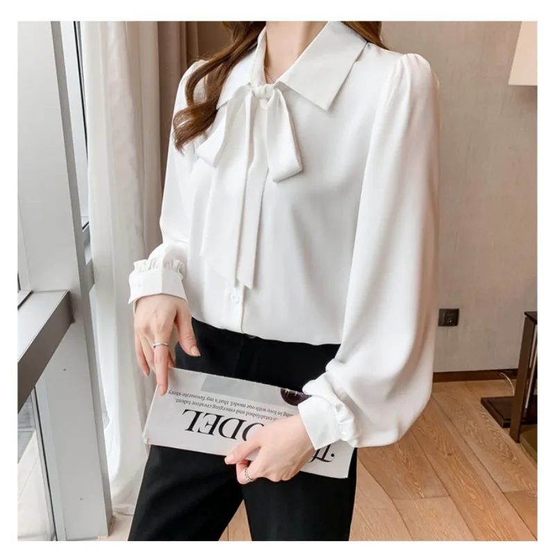 

White Knot Long Sve Chiffon irt Women's Autumn New Small Size Draped Korean Top Petite Fashion TT285