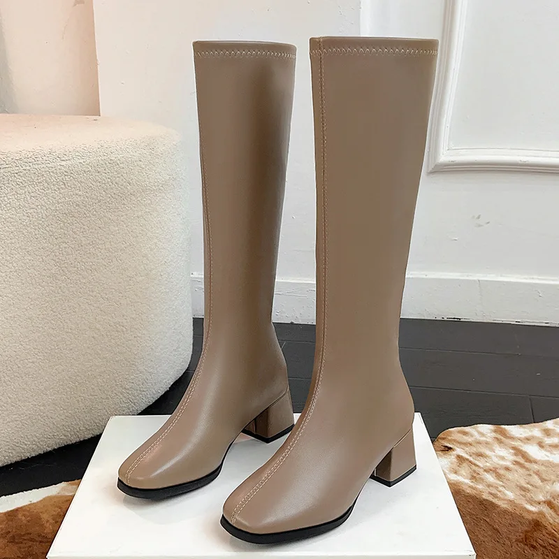Women's Long Boots Hot Sale of The Season Autumn New Korean Version Square Head Thick Heel Fashion Boots Side Zipper High Heel