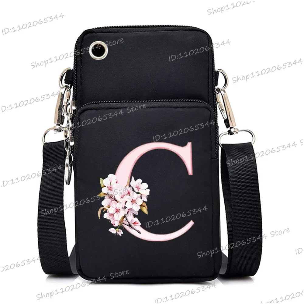 Pink Sakura Printing 26 Floral Alphabet A-Z Messenger Bag Hanging Neck Coin Purse Vertical Handbag Fashion Small Crossbody Bag