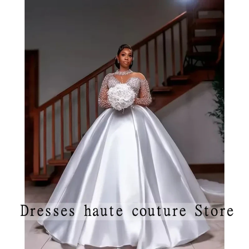 Customized African Elegant White Satin Wedding Dress High Collar Lace Long Sleeve Bride Dress Luxury Beaded robes De mariée