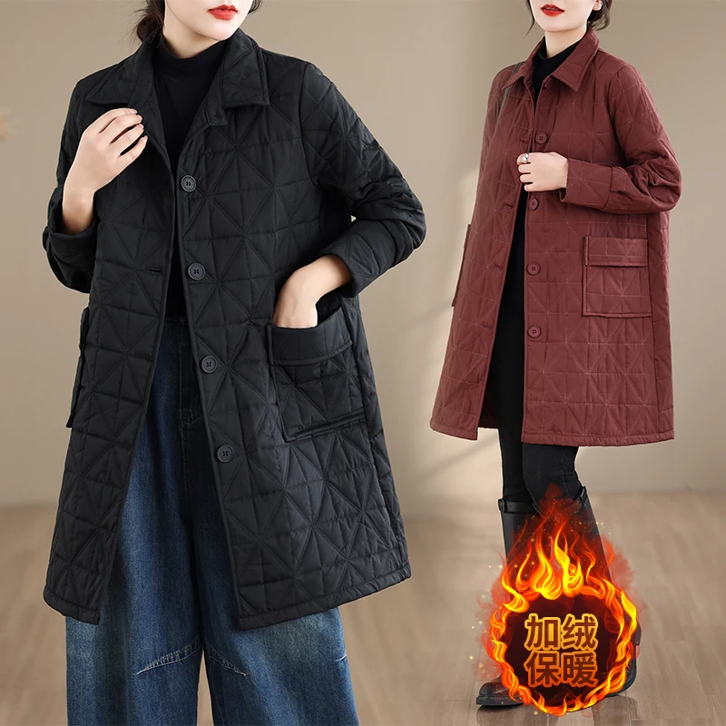 

Хлопковая куртка больших размеров для женщин, зимнее пальто с воротником, корейская свободная посадка, теплая хлопковая одежда средней длины