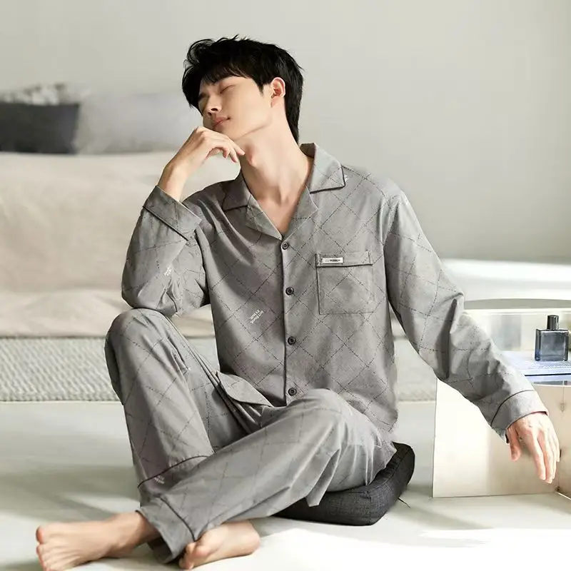 

2025 New Men's Pajamas Long-Sleeved Autumn Casual Cardigan Lapel Winter Long Pants Set Loose Plus Size Loungewear
