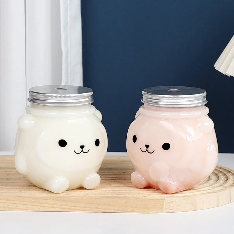 500ml Milk Tea Juice Bottles Beverage PET Water Bottle Cartoon Bear Bottles Disposable Takeaway Coffee Bottles With Lids