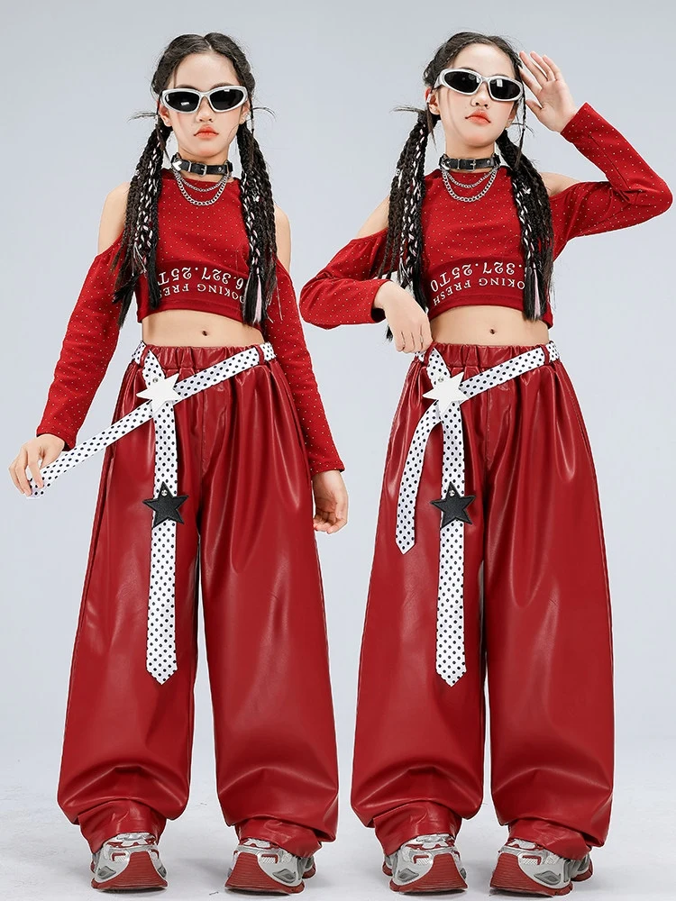 

Red Hip Hop Dance Costume Girls Long Sleeves Crop Tops Leather Pants Kpop Jazz Performance Clothes Group Stage Outfits BL18180