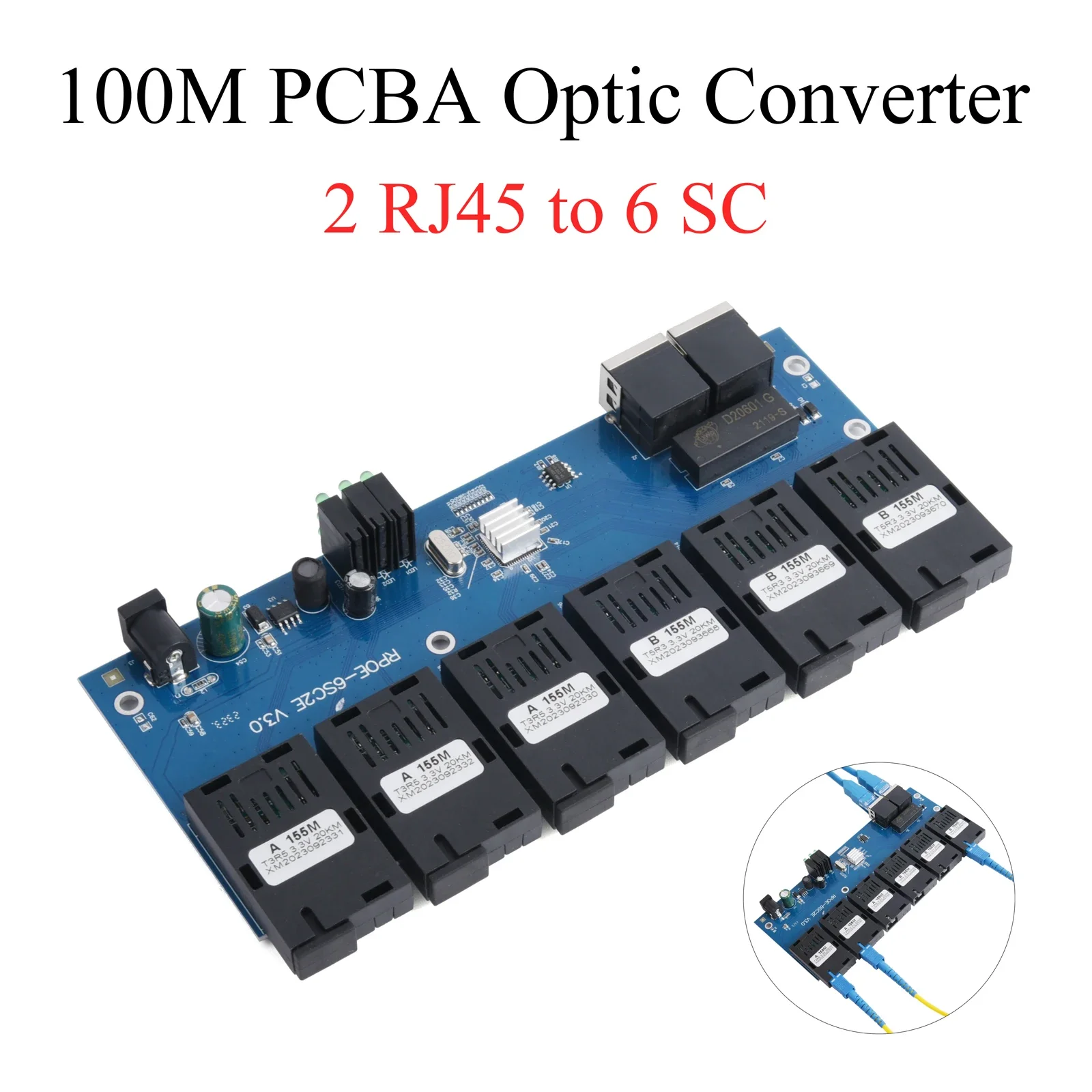 Interruptor poe 100m placa pcba conversor de mídia de fibra óptica 2 rj45 para 6 sc conector óptico 1310nm/1550nm 3a + 3b portas 20km ethernet