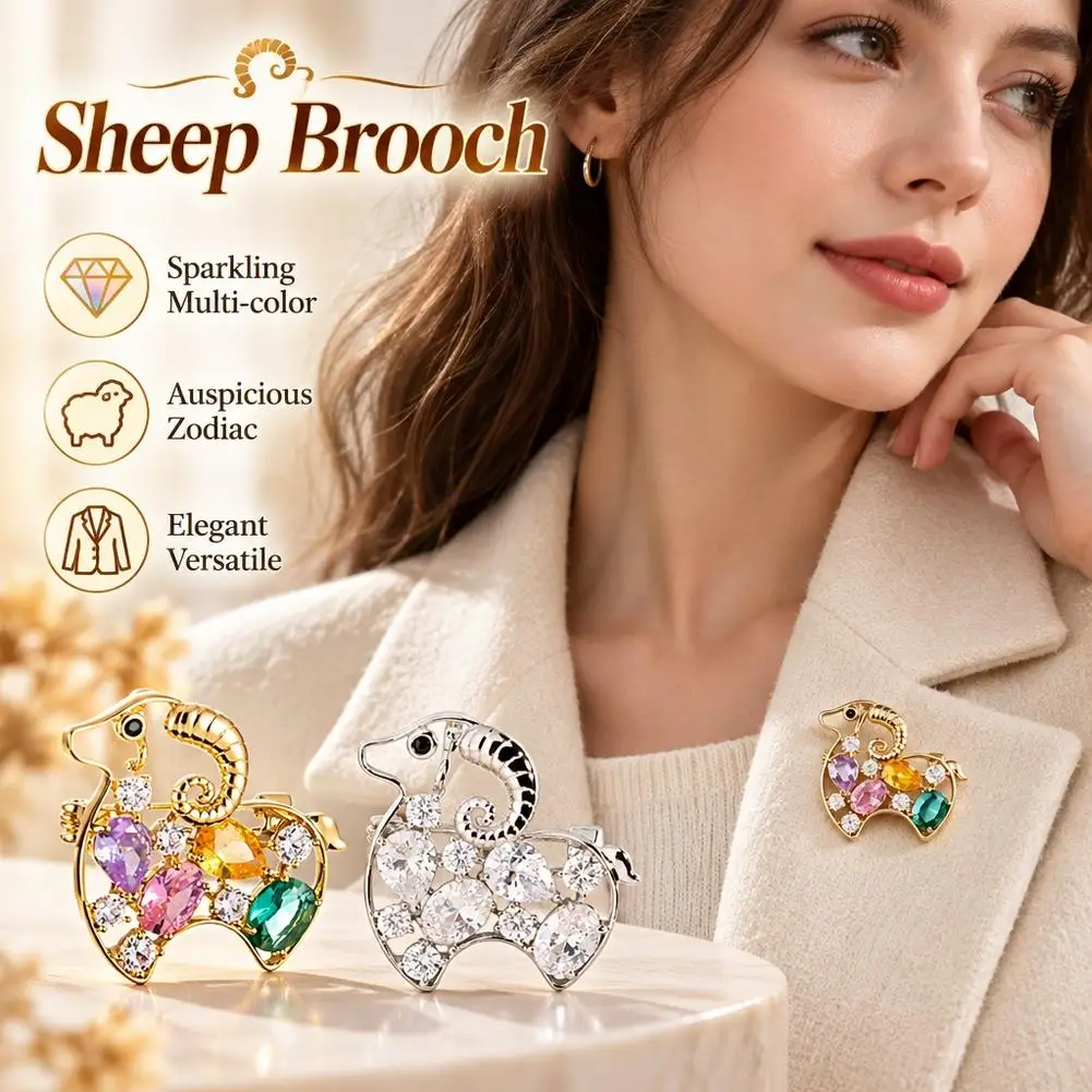 Vintage Sheep Brooch Multicolor Crystal Rhinestone Goat Lapel Pin Aries Zodiac Animal Badge Coat Suit Corsage Jewelry Gift