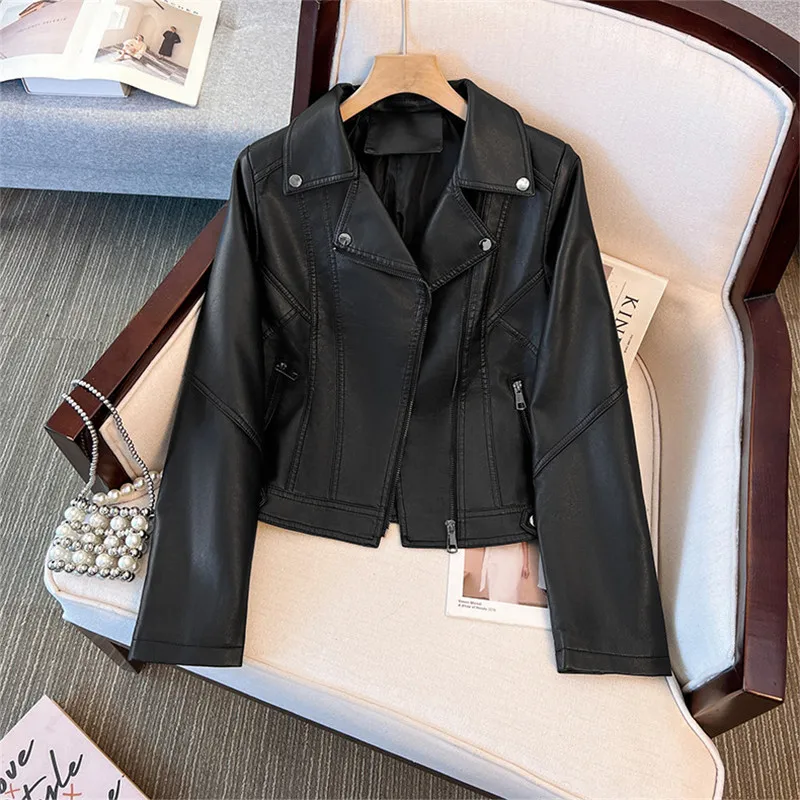 Spring Autumn Coffee Color Beige Black Slim Short Faux Pu Leather Jacket Lapel Zipper Long Sleeve Women Biker Jacket Streetwear