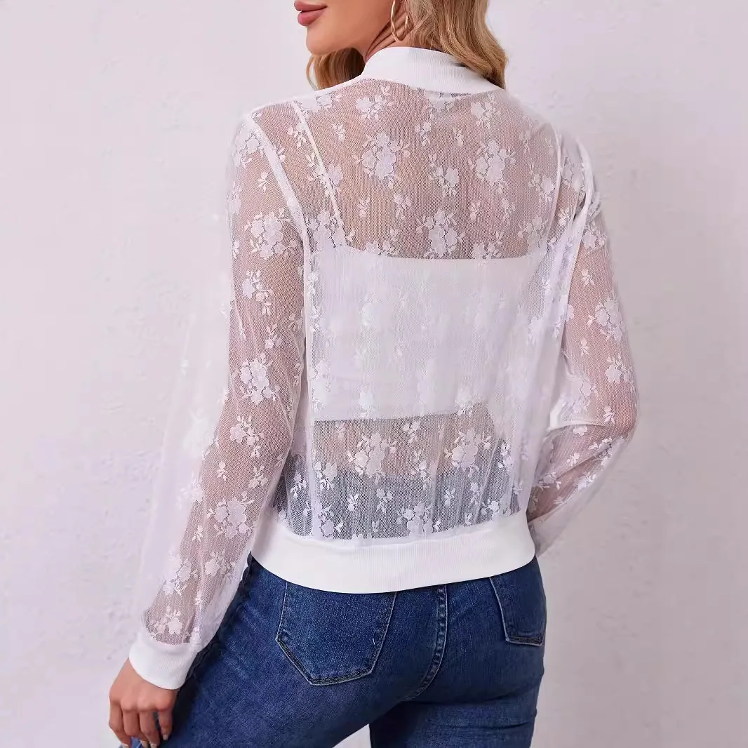 2025 New Autumn Elegant Women's Lace Splicing Zipper Front Opening Casual Jacket Coat Fashion Tops