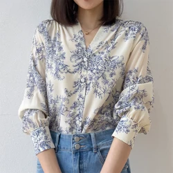 Women Silk Shirt 100% Mulberry Crepe Silk White Floral Printed Buttons Down Long Sleeve Top Blouse Office Lady M L XL M1129