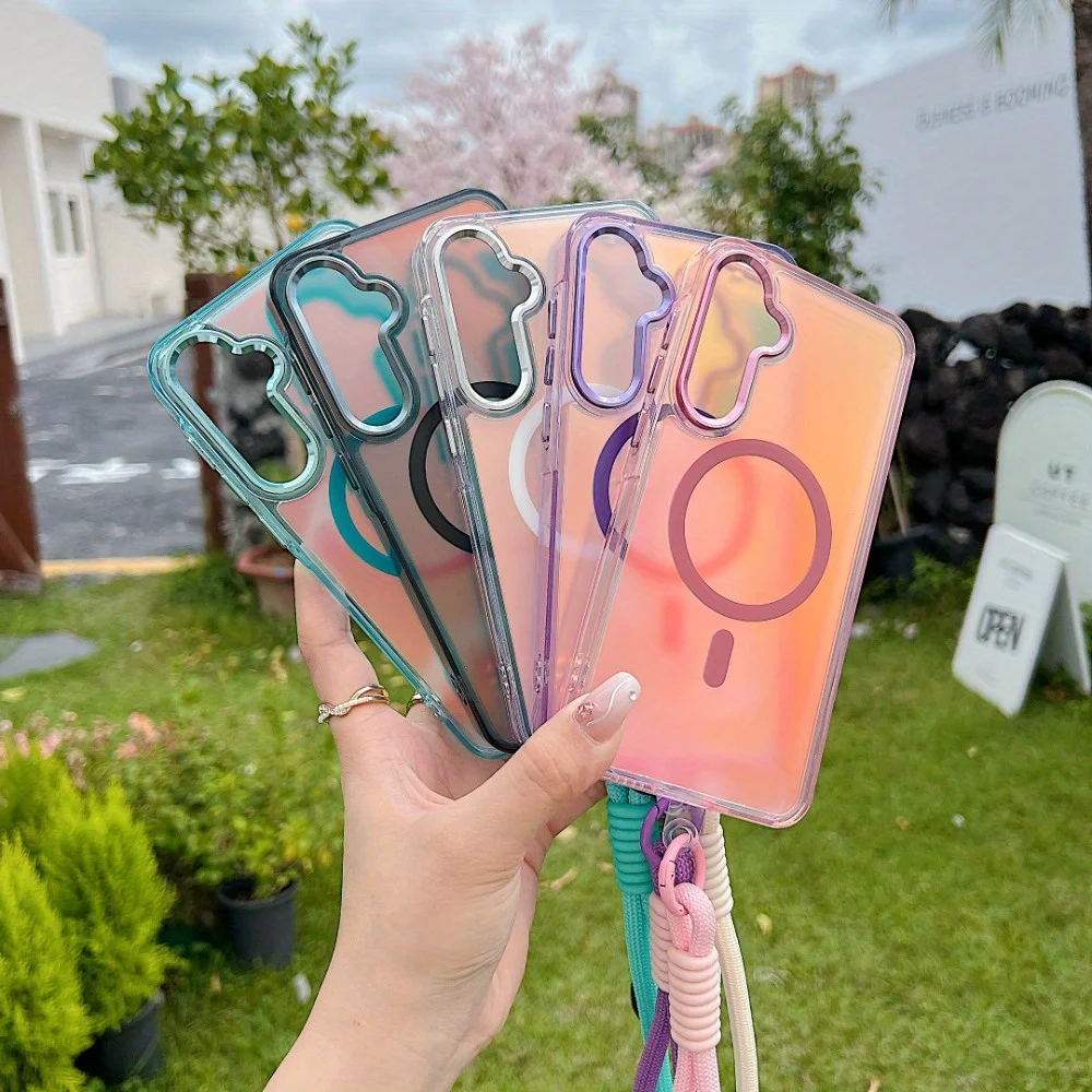 Suitable for Samsung Galaxy A53 54 55 16 26 36 56 14 13 4G 5G Magnetic Case, Laser Color Changing Frosted Strap Protective Cover