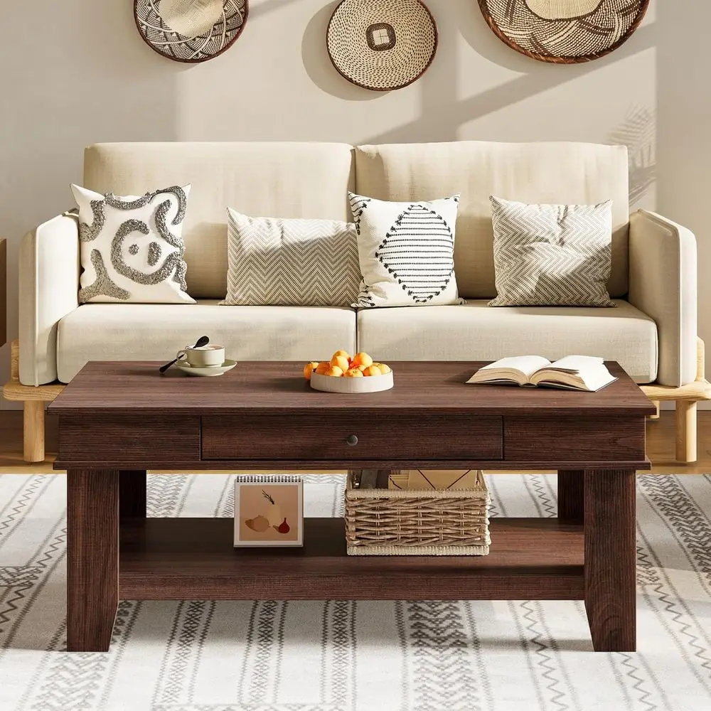 

Durable Rustic Walnut Coffee Table with Open Shelf and Storage for Living Room