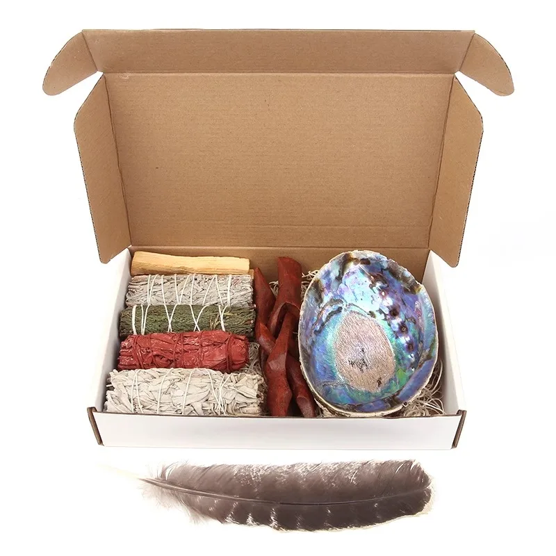 Kit de limpieza y manchas para el hogar con salvia blanca, cedro, salvia de rosas, salvia azul, Palo Santo, abulón y soporte, juego de yoga con plumas para manchas