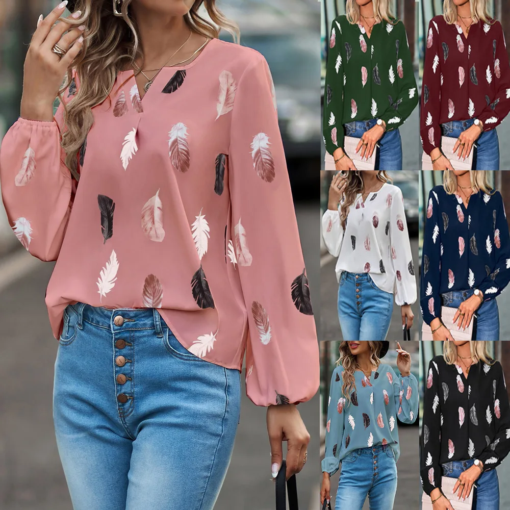 Temperament Elegant V-neck Feather Painting Printing Long Sleeve Loose T-shirt Flare Sleeve Women's Tops