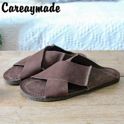 Careaymade-Summer genuine leather women's big size soft sole slippers open toe soft leather comfortable men's outside slippers