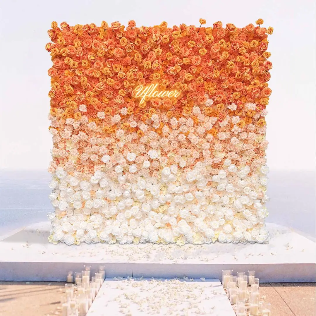 Uflower Wedding Orange White Rose 5D Artificial Flower Wall Flower Arch Row Ball Backdrop Event Party Props Flower Arrangement