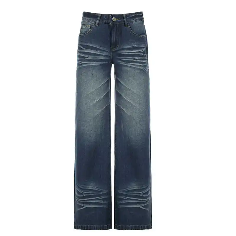 Women's Jean Straight Baggy Blue Bleach Denim Pants Grunge Y2K Japanese Harajuku 2000s High Street American Retro Wide Fit New
