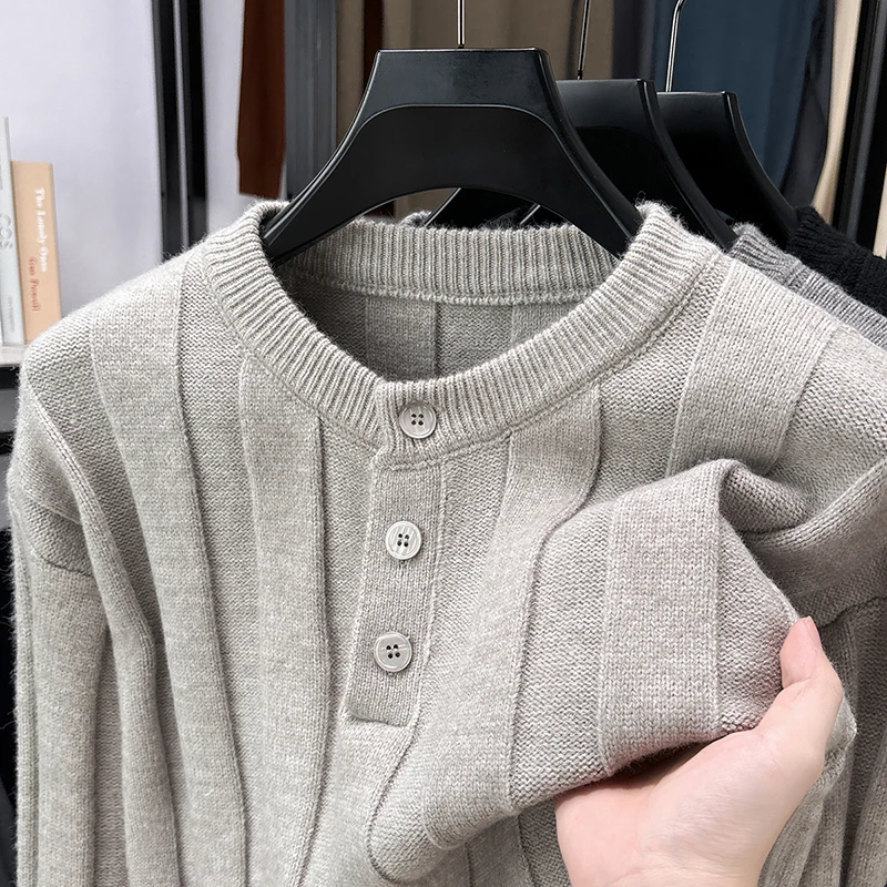 

Вязаный свитер с воротником Генри "Свитер в полоску в стиле ретро, мужской осенний ленивый вязаный свитер, универсальная верхняя одежда