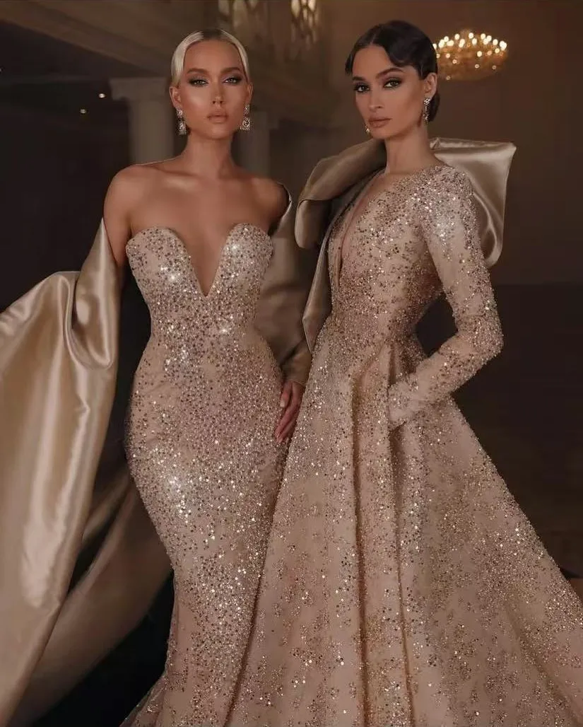 Luxury Arabic Maxi Dress Sequin Formal Dress Champagne Bow On Shoulder Floor Length Gorgeous Dubai Prom Gowns Long Sleeves