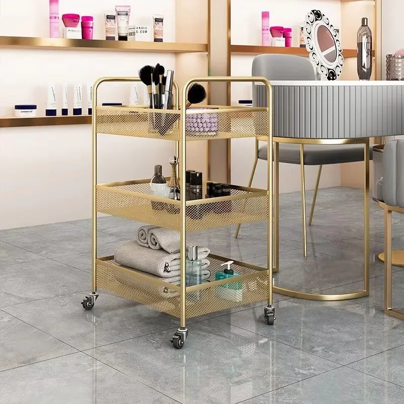 Chariot de luxe avec serrure pour salon de coiffure, machine à roulettes pour salon de beauté, meubles de spa, blanc et or mental