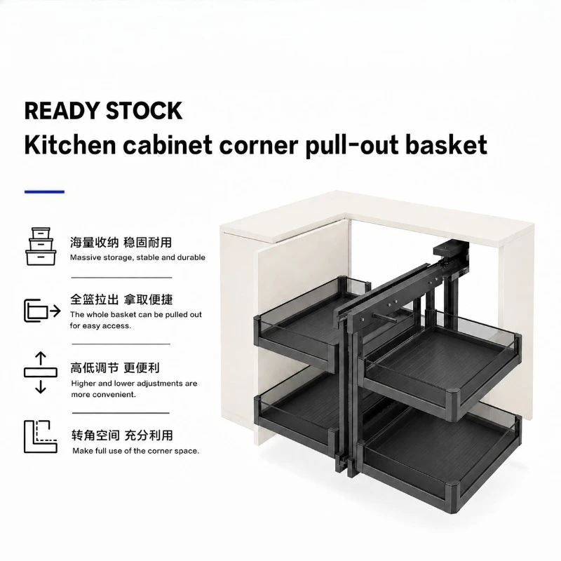 Full Extension Corner Cabinet Pull Out Basket, Drawer Style Large Capacity Kitchen Rack for Spice & Dish Storage