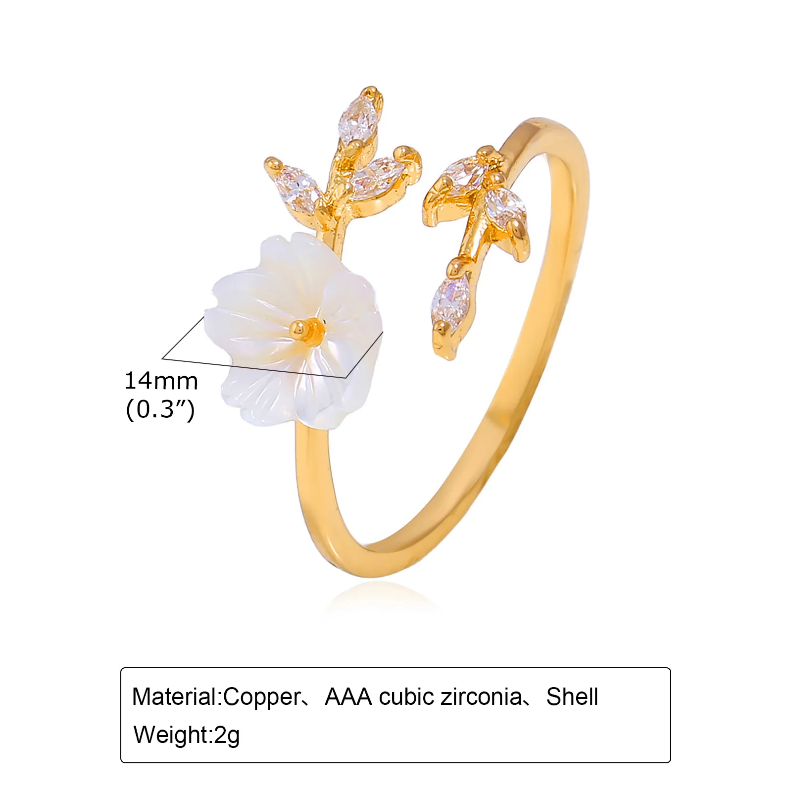 Vnox Resizable Shell Flower Ring for Women Girls, Cubic Zirconia Branches Open Finger Band, Cute Floral Jewelry Gift for Her