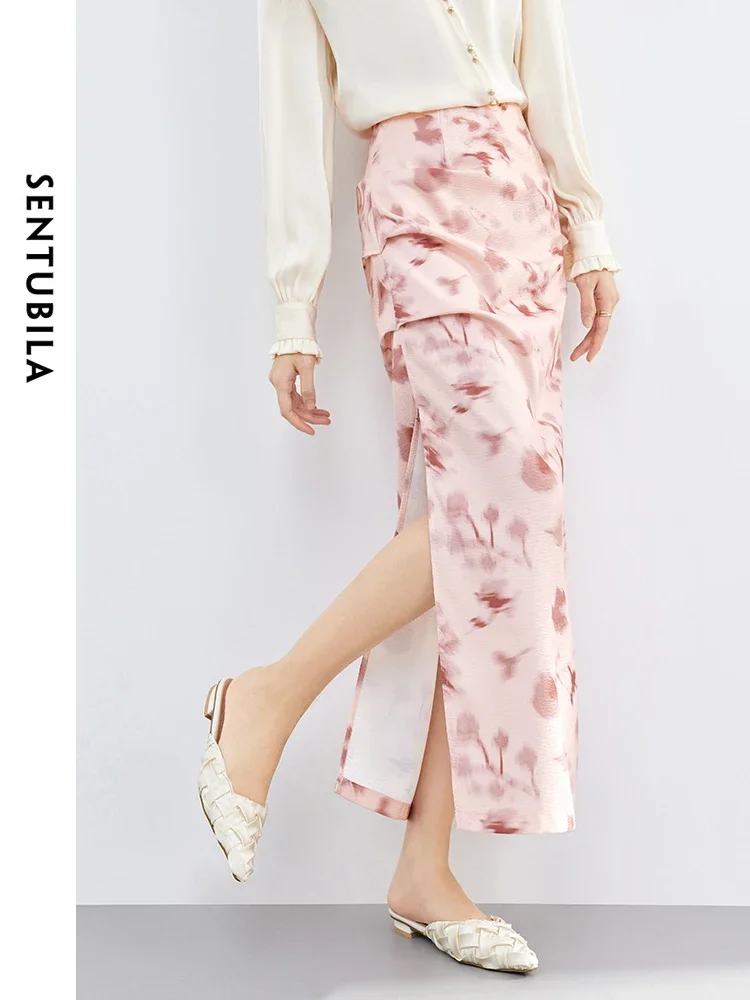 

SENTUBILA Pink Long Skirts Women 2025 Summer Romantic Elegant Straight High Waist Skirt Print Split Skirt Woman Clothes141Q51727