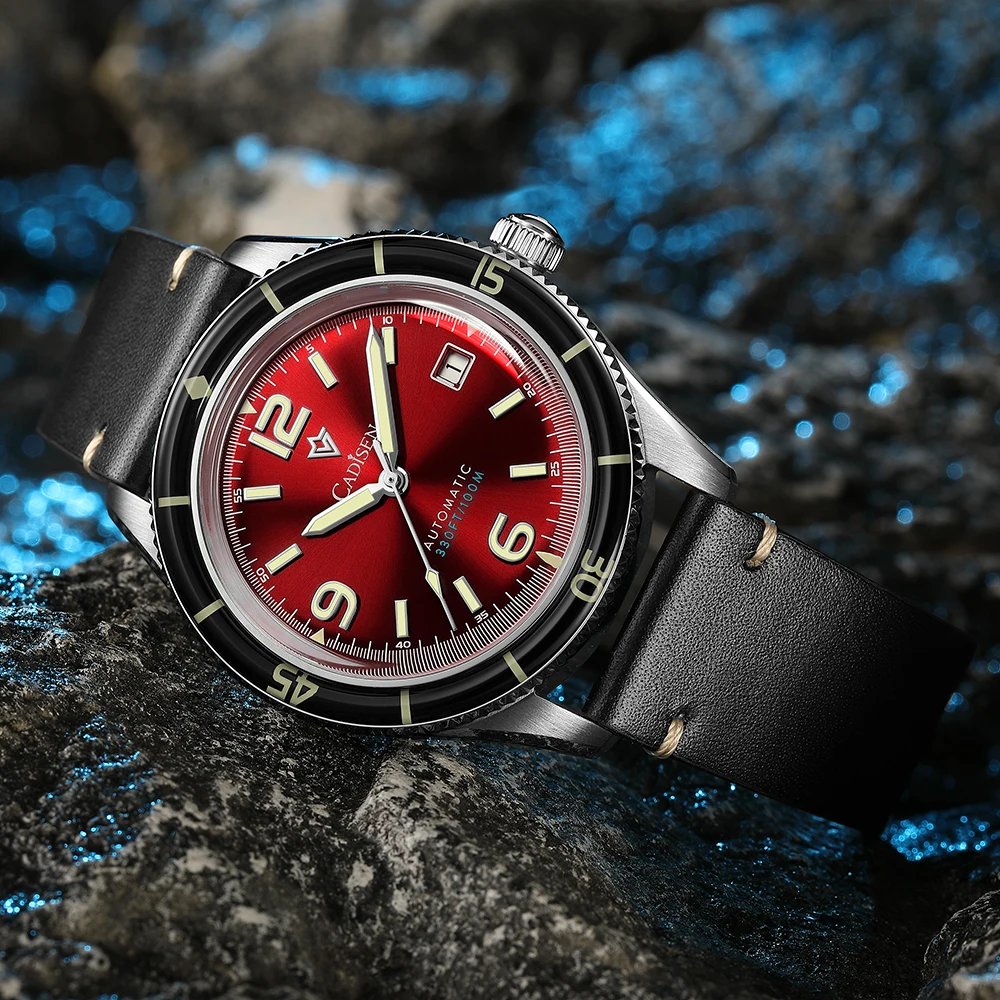 

Новые часы CADISEN, механические автоматические наручные часы, механизм MIYOTA 8215, натуральная кожа, водонепроницаемые, светящиеся, красные мужские часы